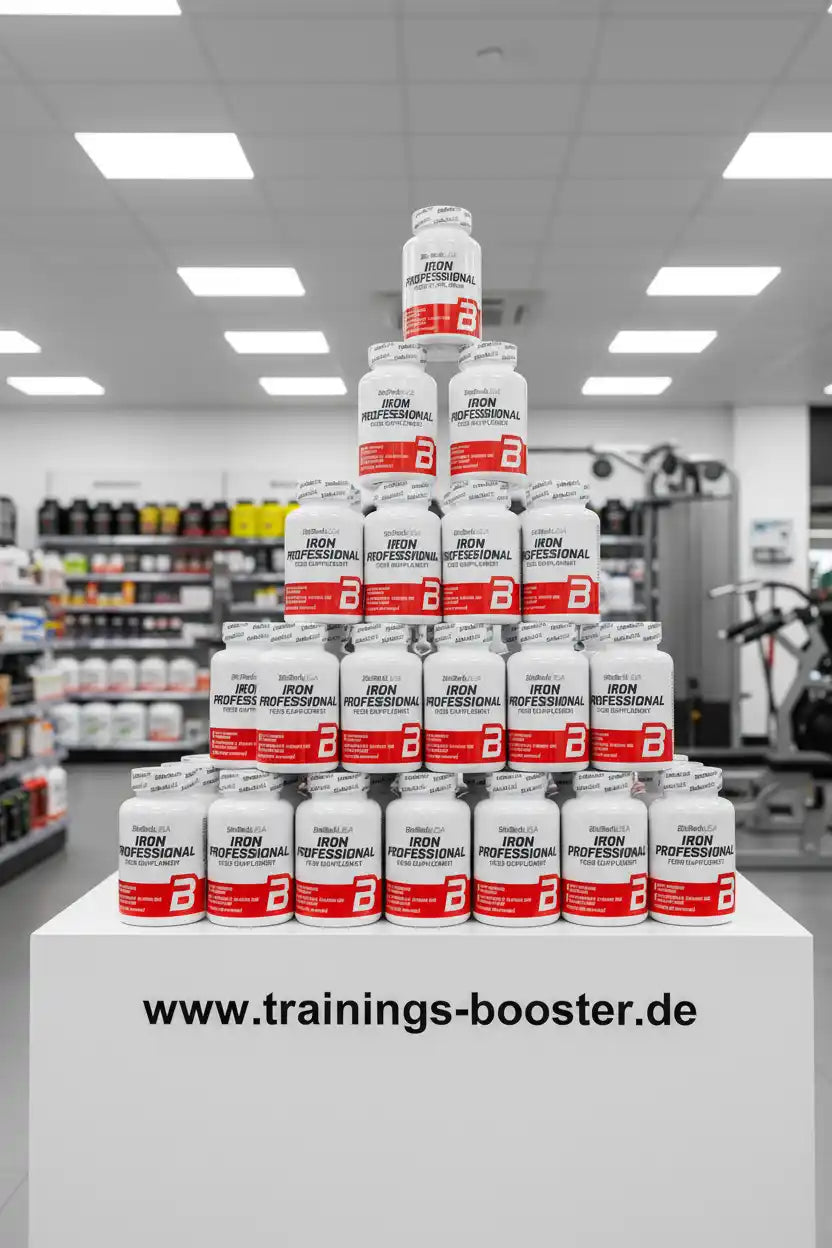 Pyramide aus Iron Professional Nahrungsergänzungsmitteln im Fitnessshop