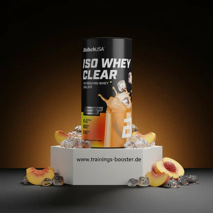 BioTechUSA Iso Whey Clear Pfirsich Eistee Geschmack Proteinpulver mit Eiswürfeln und Pfirsichstücken