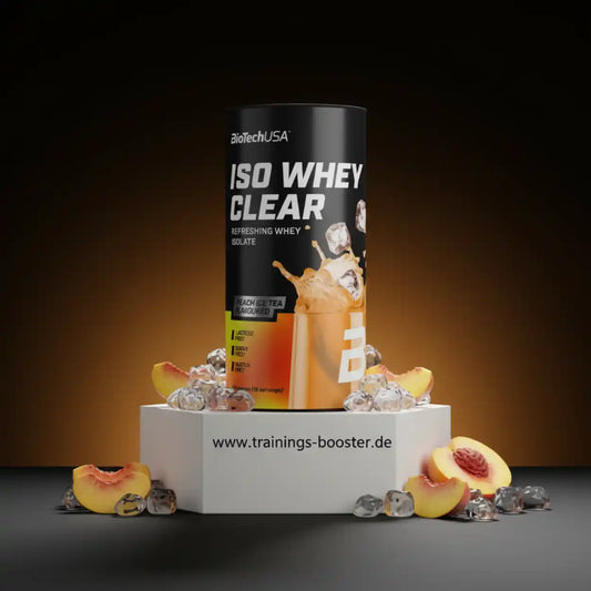 BioTechUSA Iso Whey Clear Pfirsich Eistee Geschmack Proteinpulver mit Eiswürfeln und Pfirsichstücken