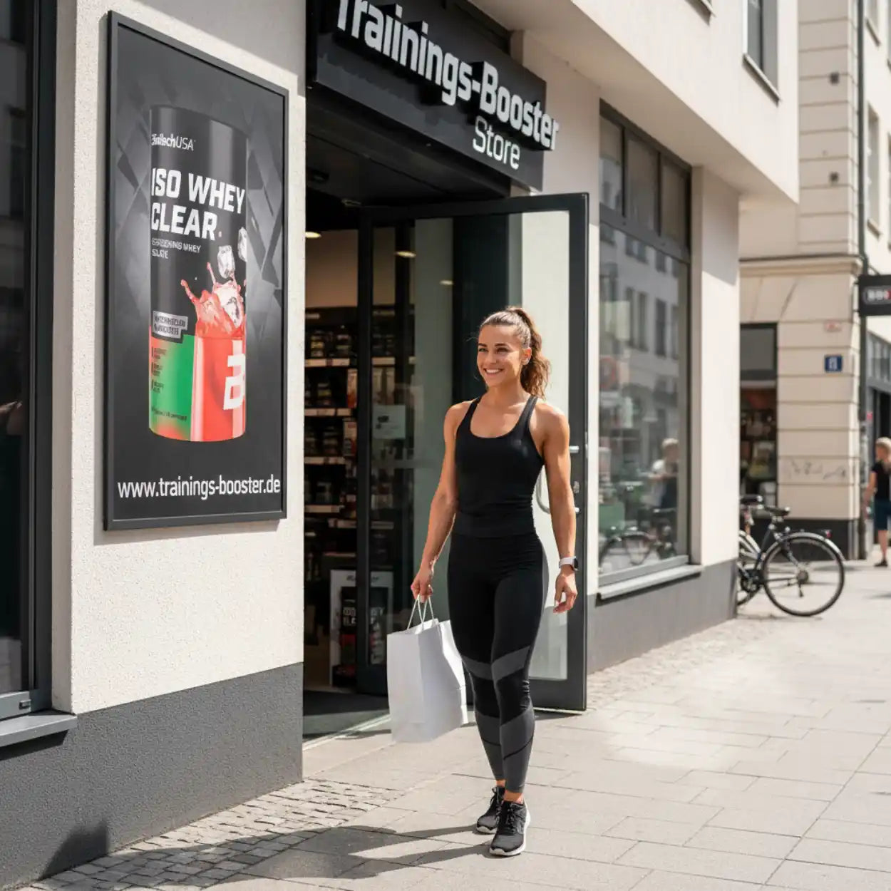 Sportliche Frau verlässt Sportnahrung Geschäft mit Einkaufstüte, Werbeplakat für Whey Protein an der Wand
