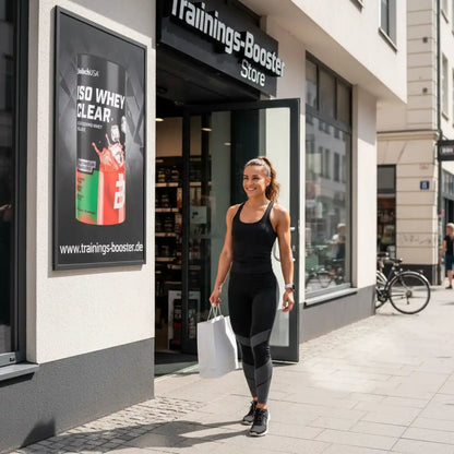Sportliche Frau verlässt Sportnahrung Geschäft mit Einkaufstüte, Werbeplakat für Whey Protein an der Wand
