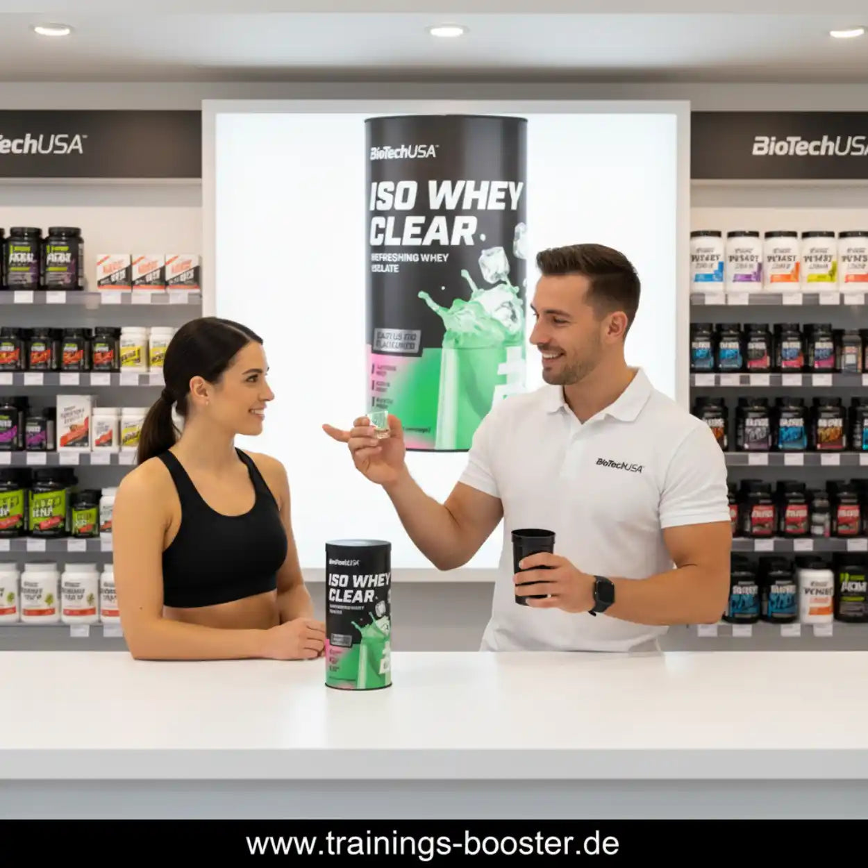 Beratung zu Iso Whey Clear Proteinpulver im Sportnahrung-Shop, Regale mit Supplements