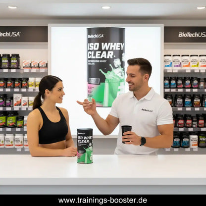 Beratung zu Iso Whey Clear Proteinpulver im Sportnahrung-Shop, Regale mit Supplements