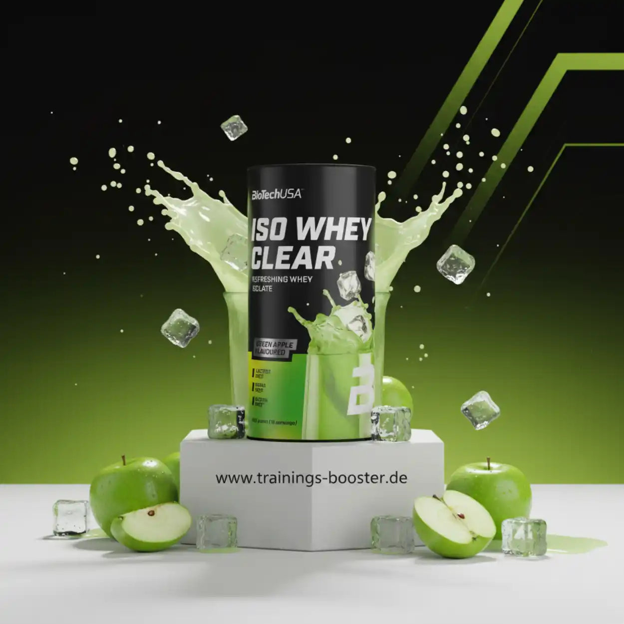 Whey Protein Pulver Green Apple Geschmack mit grünen Äpfeln und Eiswürfeln, Fitness Nahrungsergänzung