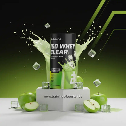 Whey Protein Pulver Green Apple Geschmack mit grünen Äpfeln und Eiswürfeln, Fitness Nahrungsergänzung