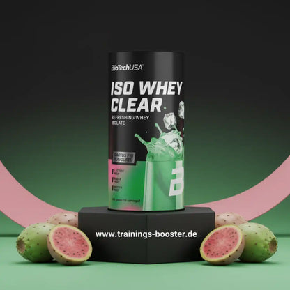 Iso Whey Clear Proteinpulver Cactus Fig Geschmack, Dose mit Eiswürfeln und Kaktusfeigen.