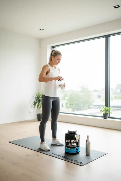 Frau bereitet ISO Whey Zero Proteinshake zu – ideal für Fitness & Muskelaufbau