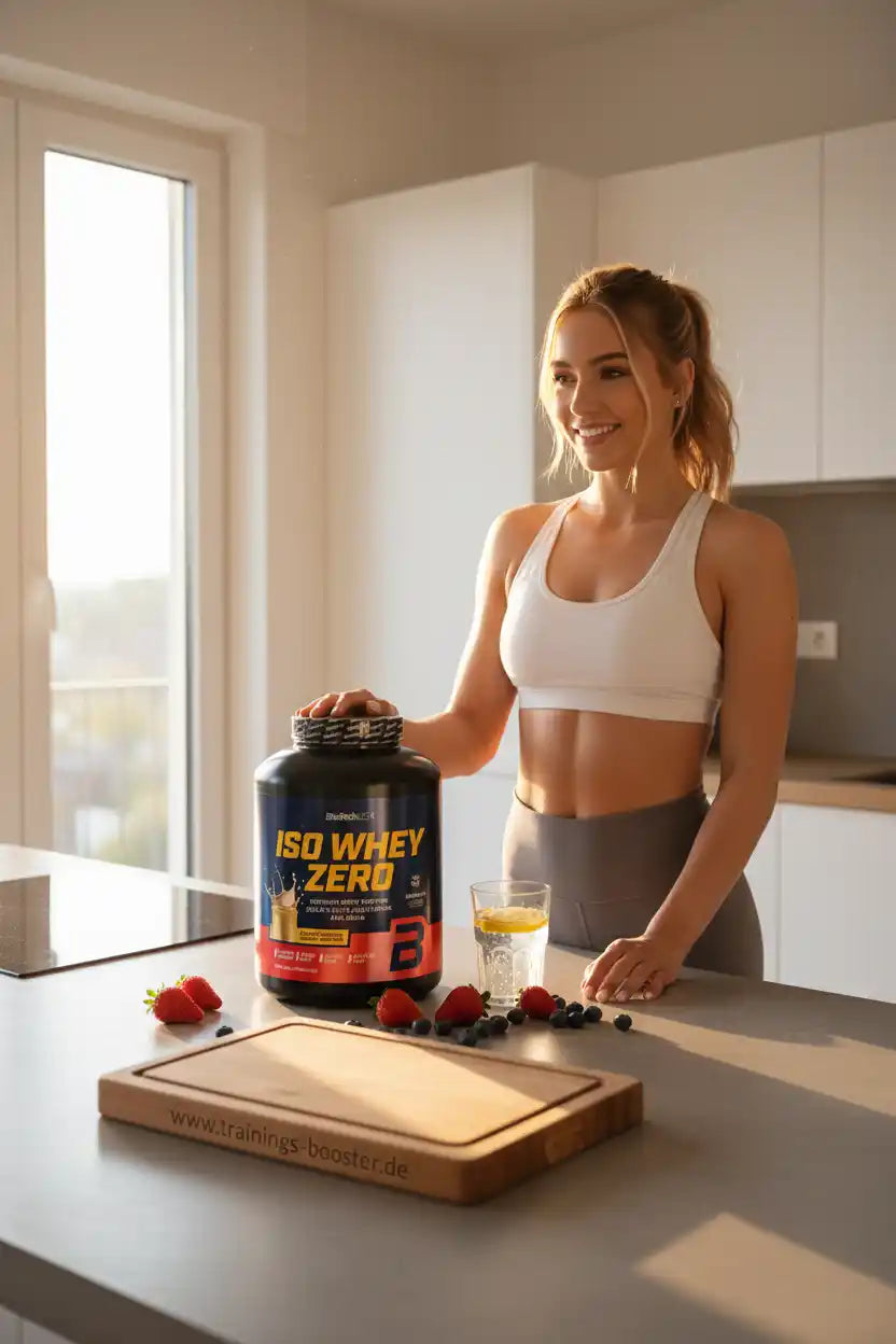 Frau mit ISO Whey Zero Proteinpulver, Beeren und Wasser in der Küche – ideal für Sport & Fitness