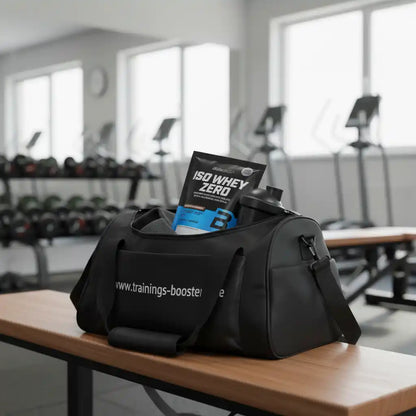 Schwarze Sporttasche mit ISO Whey Zero Proteinpulver im Fitnessstudio
