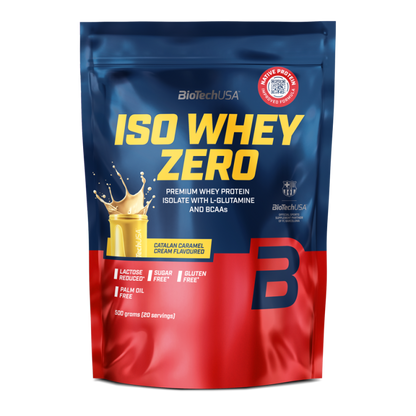 BioTechUSA ISO Whey Zero, Premium Whey Protein Isolat mit L-Glutamin und BCAAs, karamellcremig, laktosefrei, zuckerfrei, glutenfrei