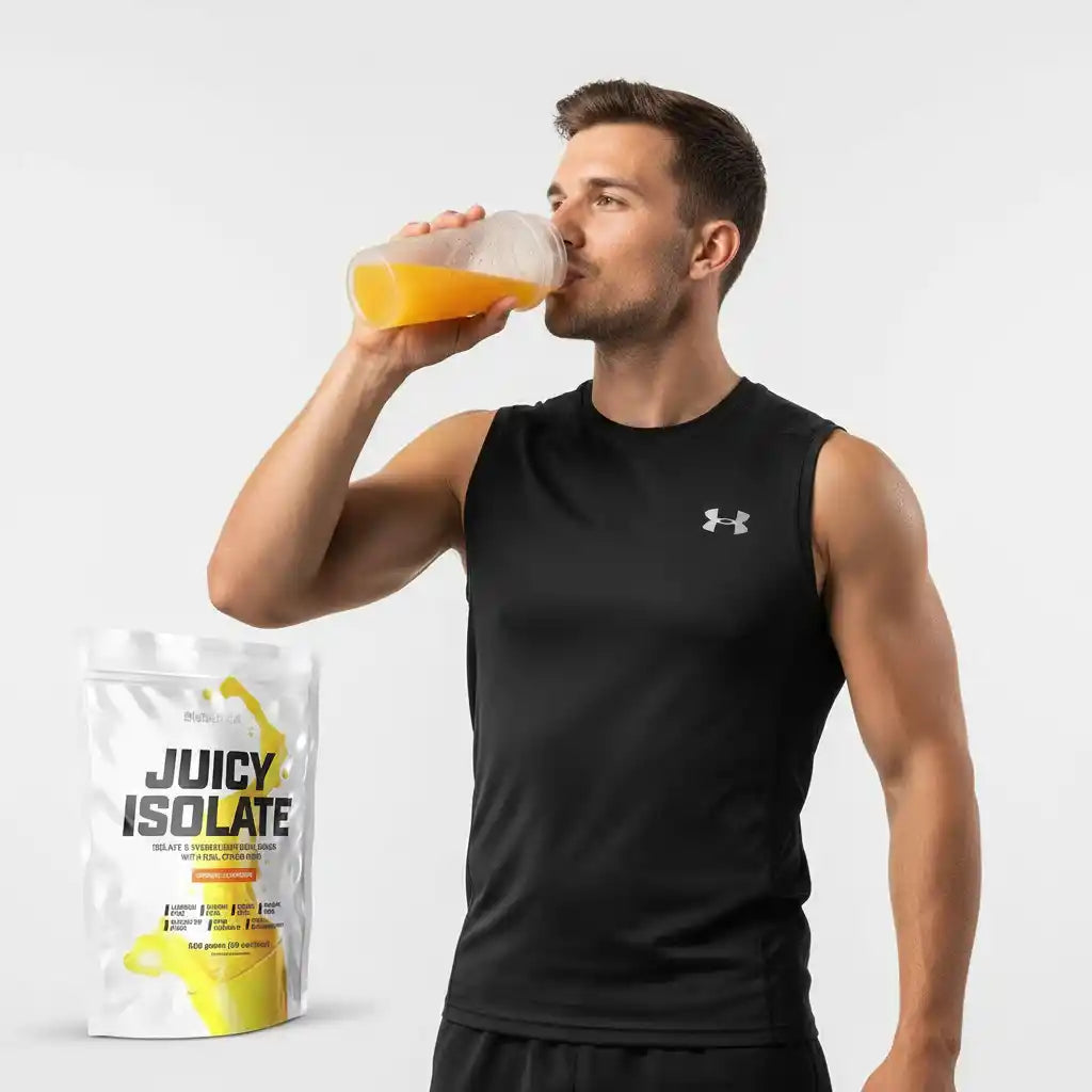 Mann trinkt Proteinshake aus Becher neben Juicy Isolate Beutel, ideal für Sport und Fitness