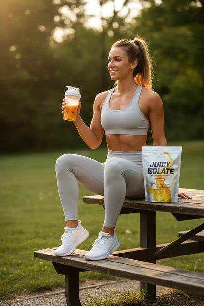 Frau mit Proteinshake und Juicy Isolate Beutel im Freien – ideal für Fitness & Training