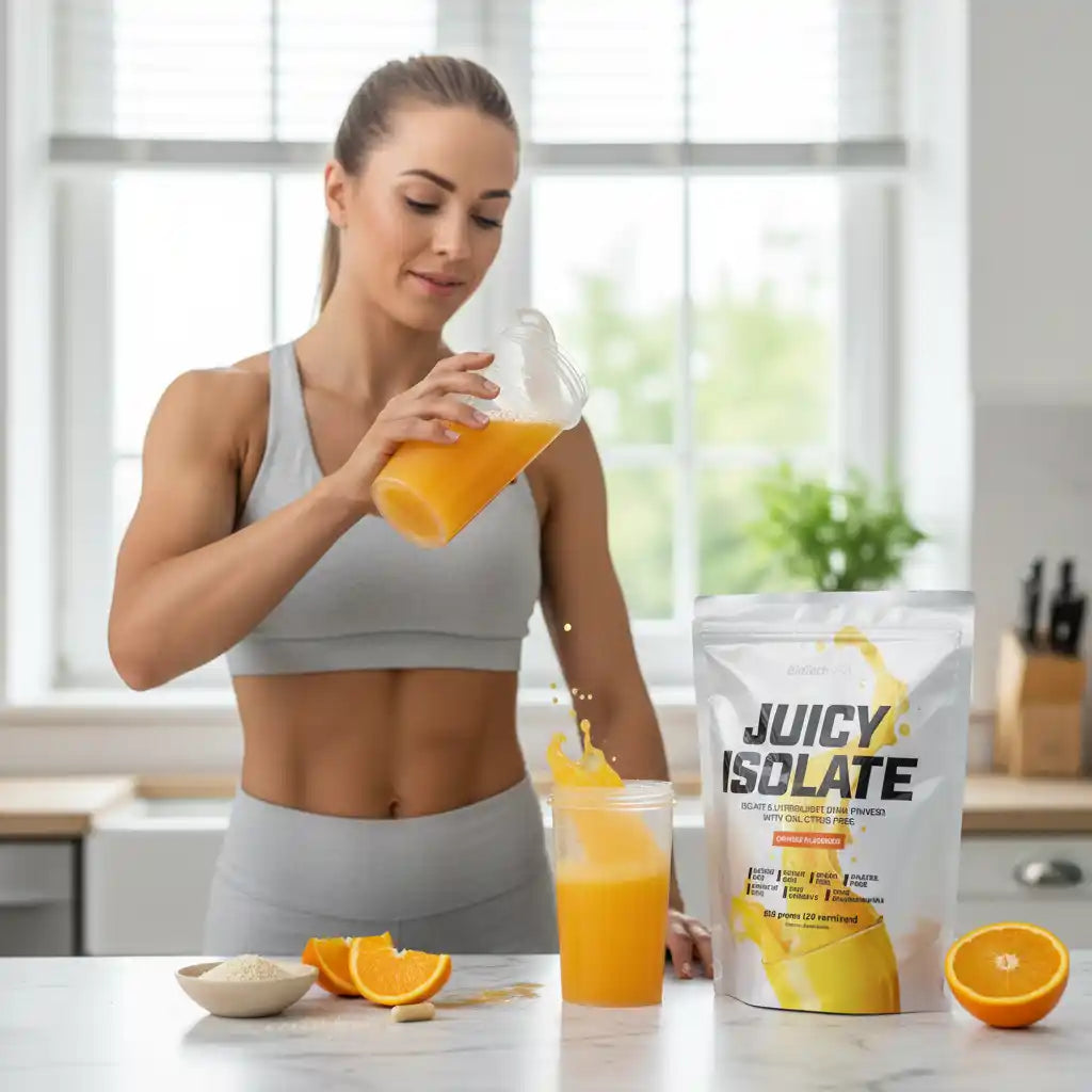 Frau gießt orangefarbenen Proteinshake aus Juicy Isolate Beutel in Shaker, mit Orangen und Pulver auf Küchentisch
