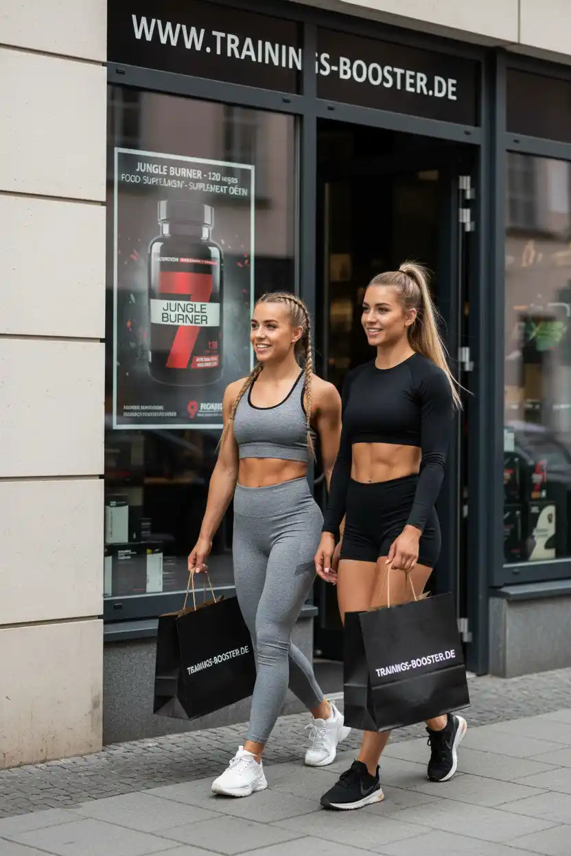 Zwei Frauen mit Einkaufstüten vor trainings-booster.de, Fitness- und Sportnahrung