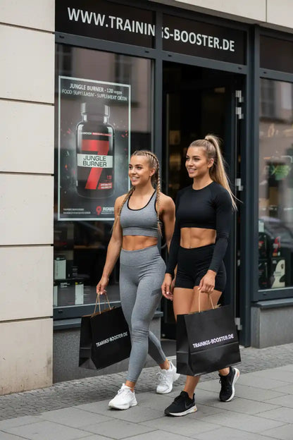 Zwei Frauen mit Einkaufstüten vor trainings-booster.de, Fitness- und Sportnahrung