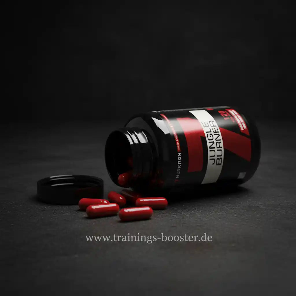 Rote Kapseln aus einer schwarzen Flasche mit Jungle Burner Etikett, ideal für Sportnahrung und Fitness