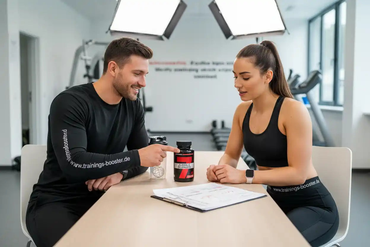 Mann und Frau im Fitnessstudio besprechen Nahrungsergänzungsmittel und Trainingsplan