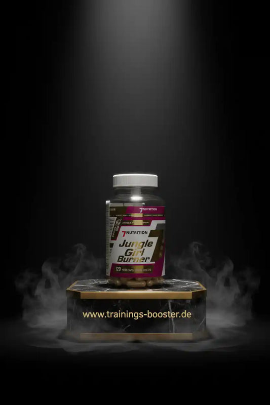 Jungle Girl Burner Fatburner Kapseln von 7Nutrition auf schwarzem Podest mit Raucheffekt