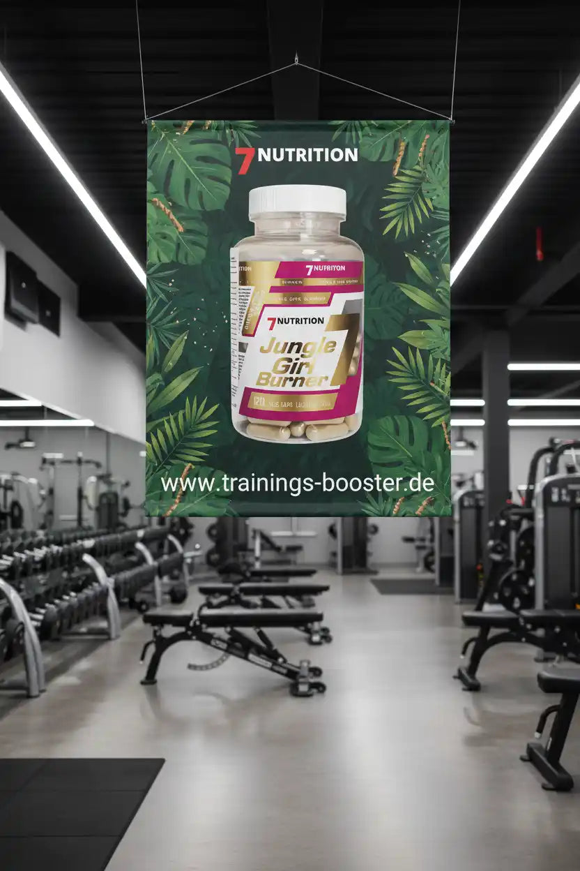 7Nutrition Jungle Girl Burner Fatburner in modernem Fitnessstudio mit tropischen Blättern