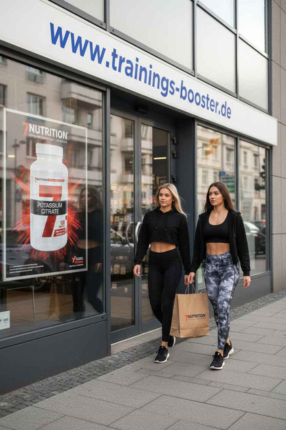 Zwei Frauen in Sportbekleidung vor einem Geschäft mit 7NUTRITION-Produkten und Potassium Citrate Werbung
