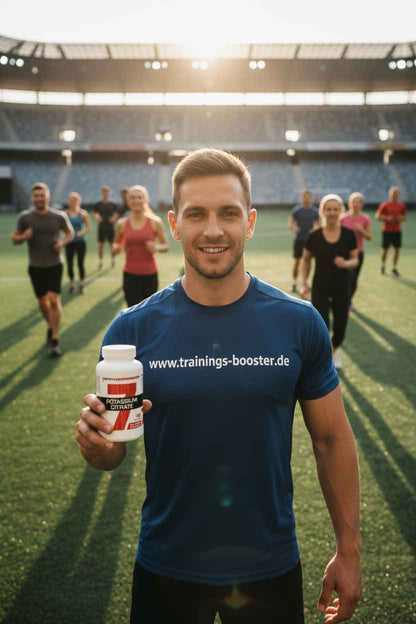 Mann mit Potassium Citrate Booster auf Sportplatz, ideal für Training und Fitness