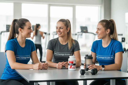Drei Frauen im Fitnessstudio mit Nahrungsergänzungsmitteln und Shaker, lächelnd und entspannt