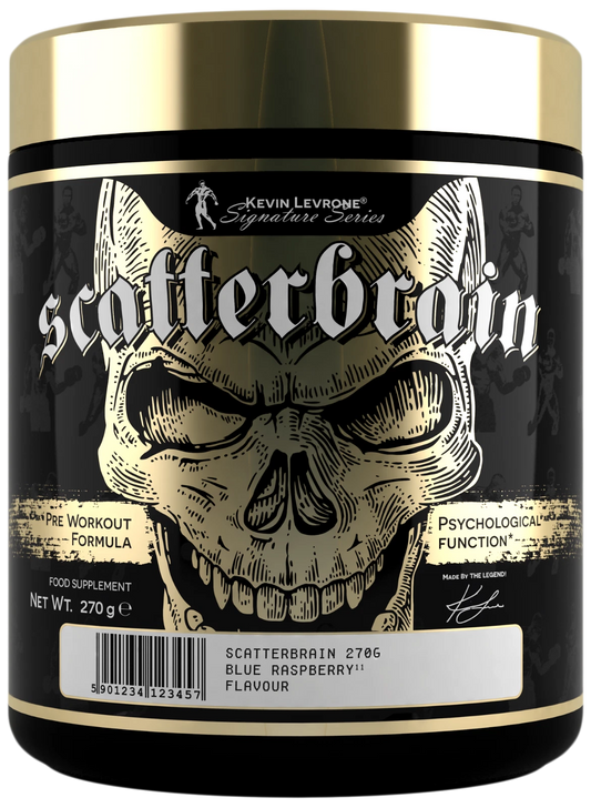 Scatterbrain Pre Workout Formula, 270g, Blue Raspberry, Kevin Levrones Signature Series mit Schädel-Design