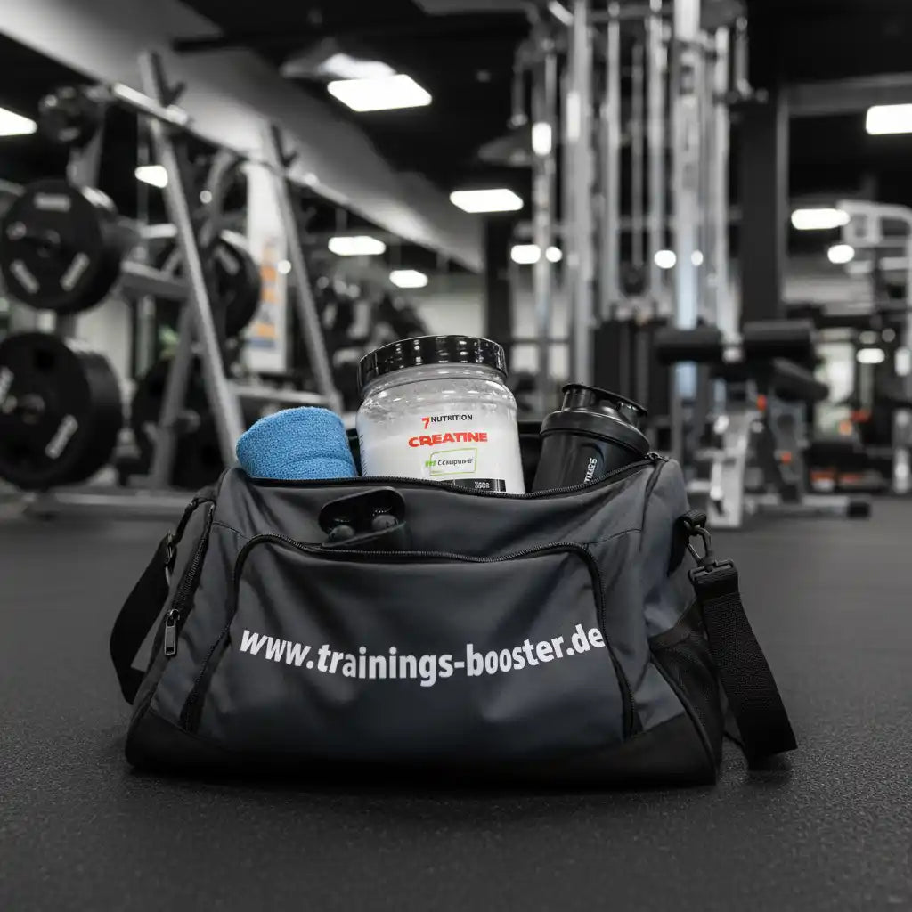 Sporttasche mit Creatine-Booster und Shaker im Fitnessstudio – ideal für Training & Muskelaufbau
