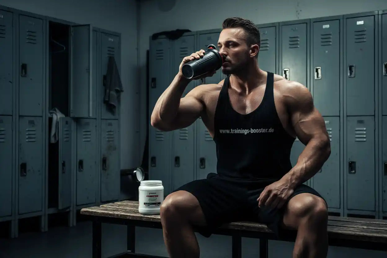 Muskulöser Mann trinkt Proteinshake im Fitnessstudio, Nahrungsergänzungsmittel für Sportler