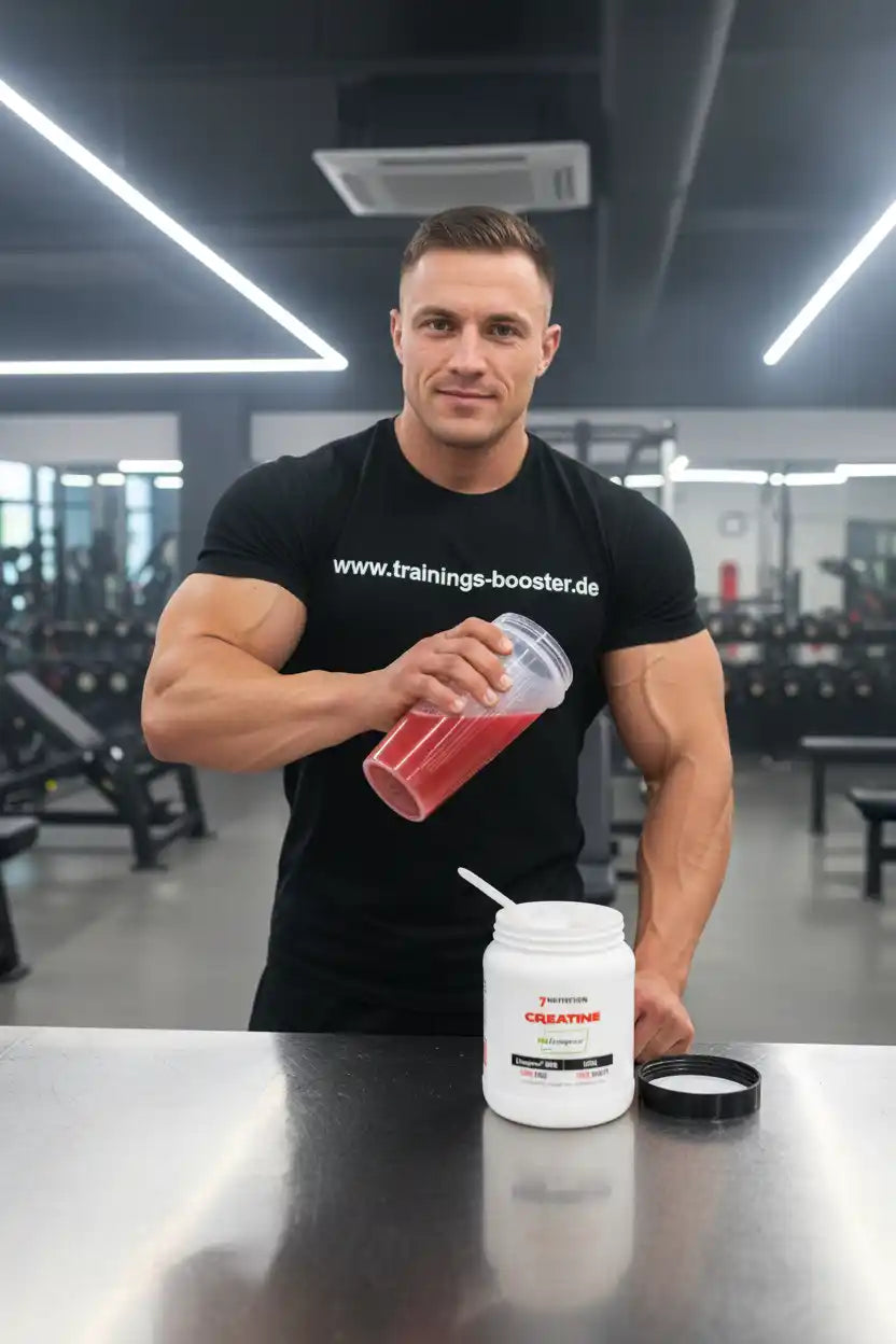 Muskulöser Mann mit Creatine-Booster in Fitnessstudio