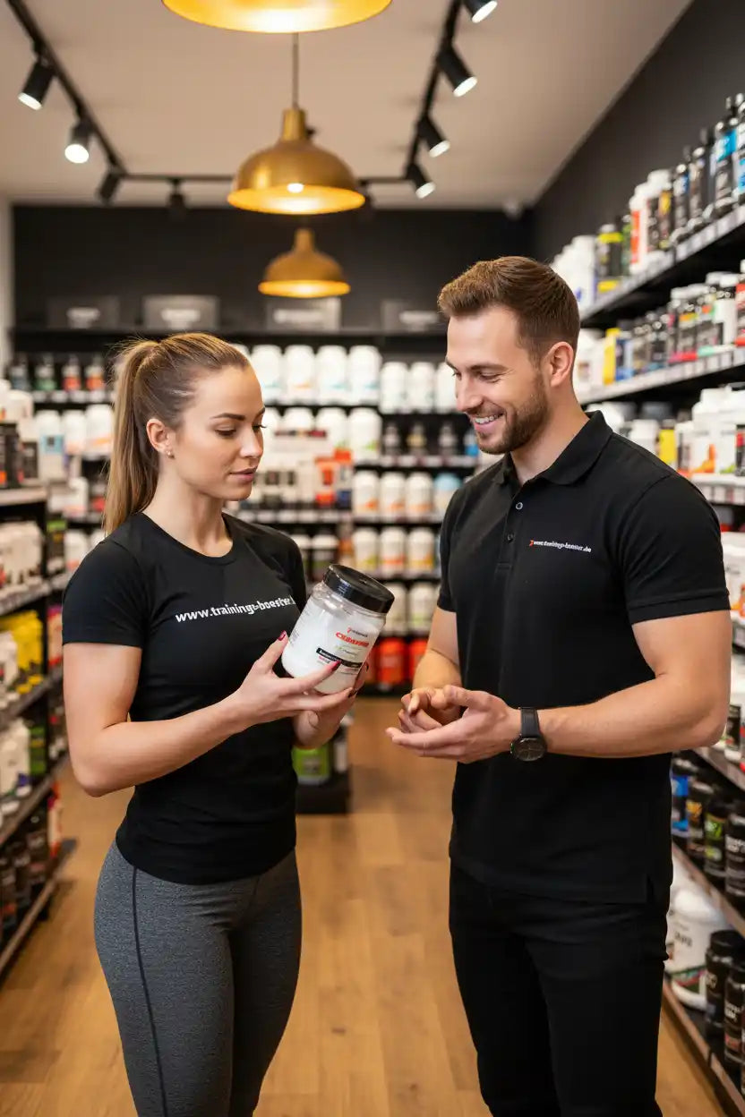 Mann und Frau im Sportnahrungsgeschäft mit Proteinpulver