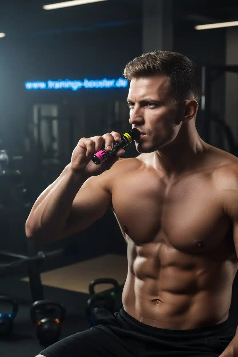 Muskulöser Mann im Fitnessstudio trinkt Booster vor dem Training