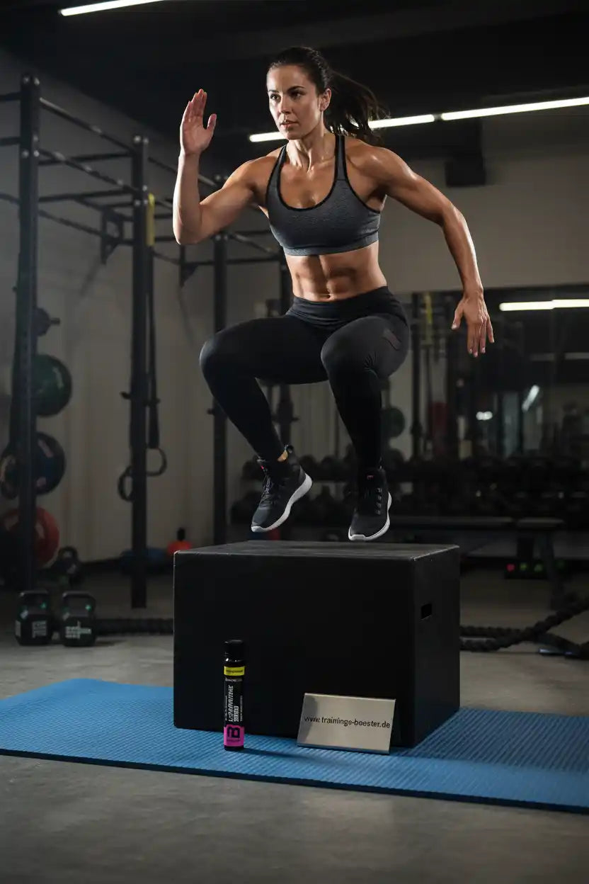 Frau beim Boxspring-Training mit Sportnahrung und Booster im Fitnessstudio