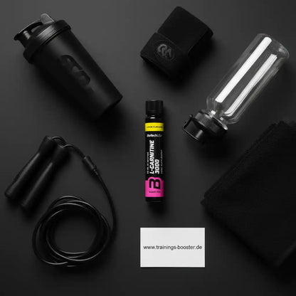 L-Carnitin 3000 Booster, Shaker, Springseil und Fitnesszubehör für Training und Sportnahrung