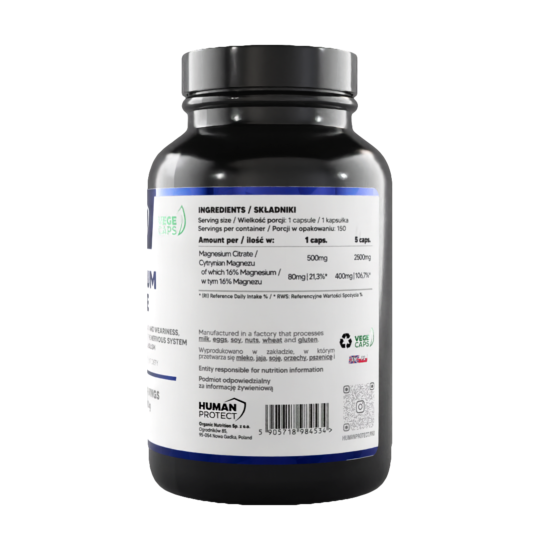 Magnesium Citrat Kapseln für Energie & Nervensystem, VEGE CAPS, Human Protect
