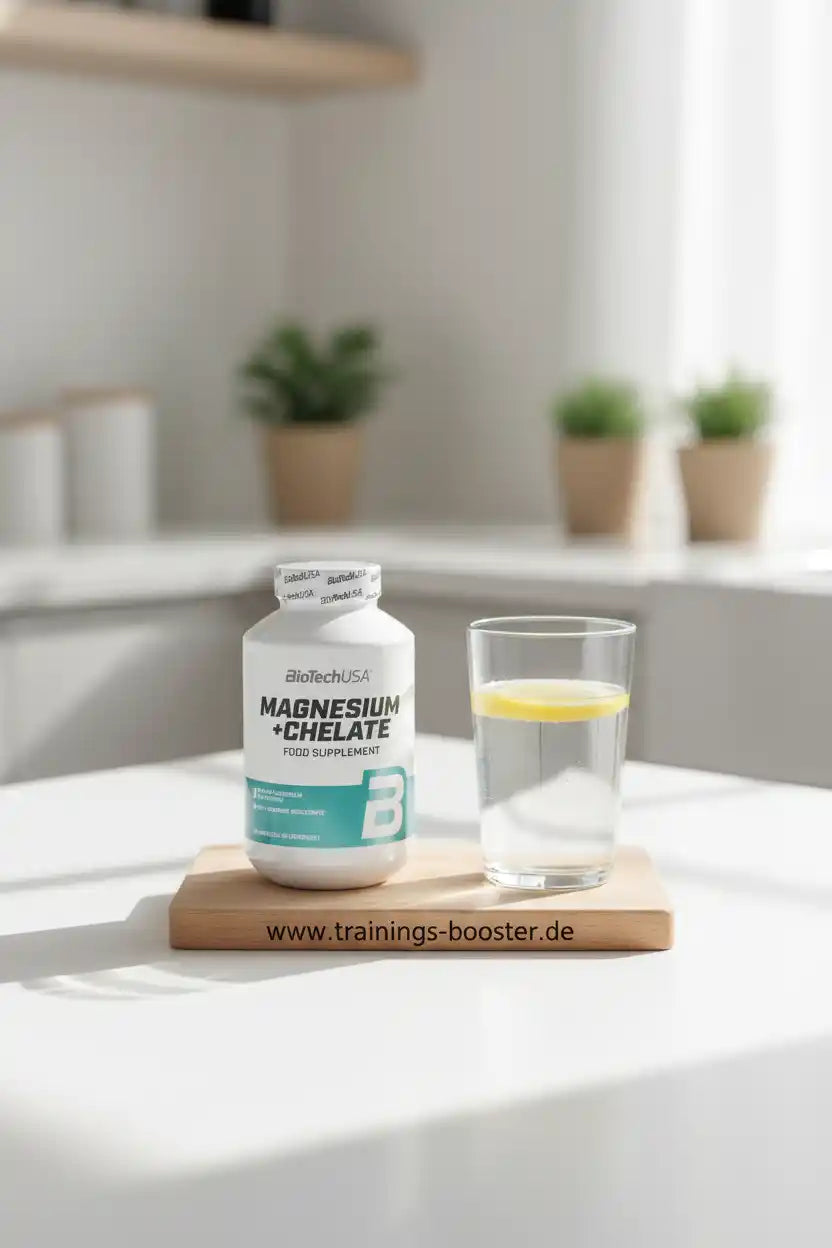 BioTechUSA Magnesium + Chelate Nahrungsergänzungsmittel mit Glas Wasser auf Holzbrett