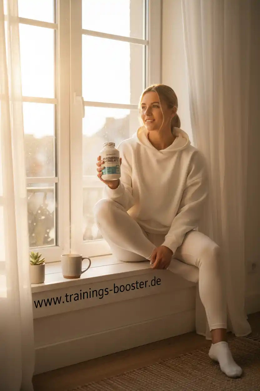 Frau mit Nahrungsergänzungsmittel am Fenster, Sportnahrung für Fitness & Training