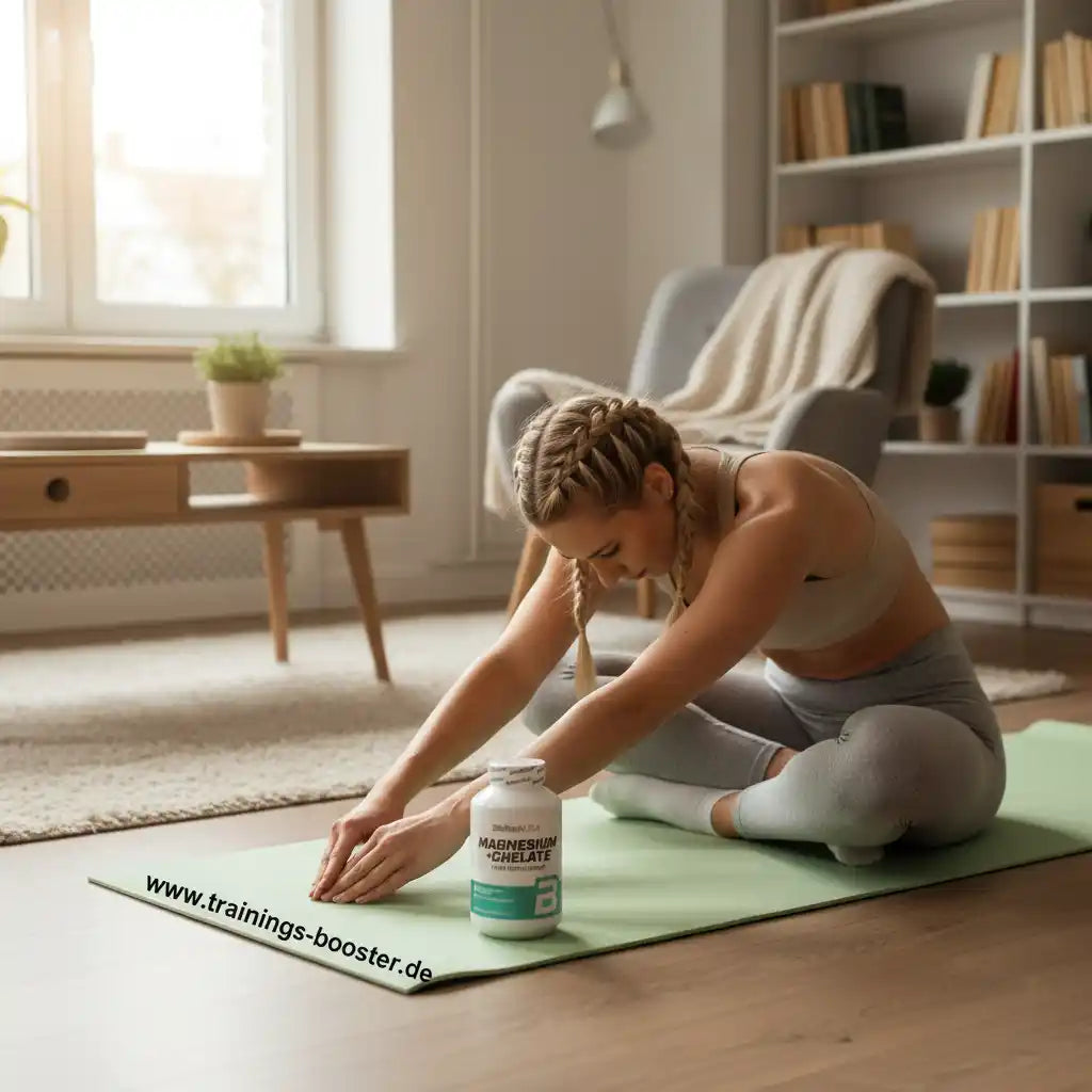 Frau dehnt sich auf Yogamatte mit Magnesium-Chelat-Booster für Fitness & Training