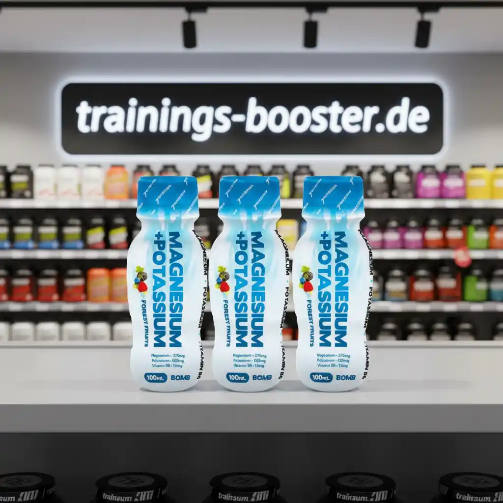 Magnesium + Kalium Getränkeflaschen im Shop mit trainings-booster.de Schild