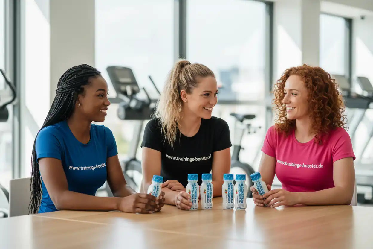Drei Frauen mit Trainings-Booster-Produkten im Fitnessstudio, lächelnd und entspannt