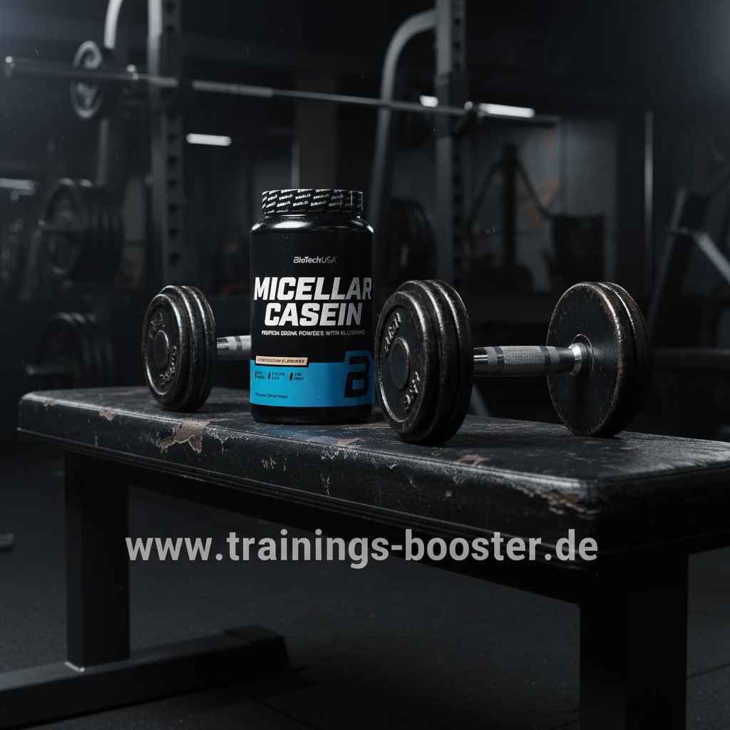 Micellar Casein Proteinpulver von BioTechUSA auf Bank mit Hanteln im Fitnessstudio