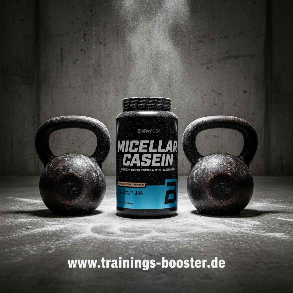Micellar Casein Protein Powder mit Glutamin, flankiert von Kettlebells für Fitness und Muskelaufbau