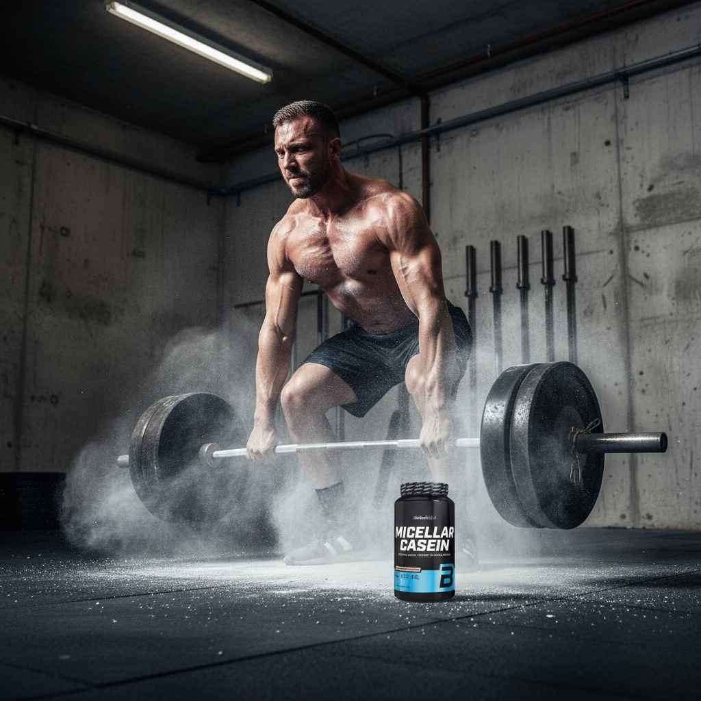 Muskulöser Mann beim Gewichtheben mit Micellar Casein Protein im Fitnessstudio