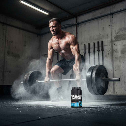 Muskulöser Mann beim Gewichtheben mit Micellar Casein Protein im Fitnessstudio