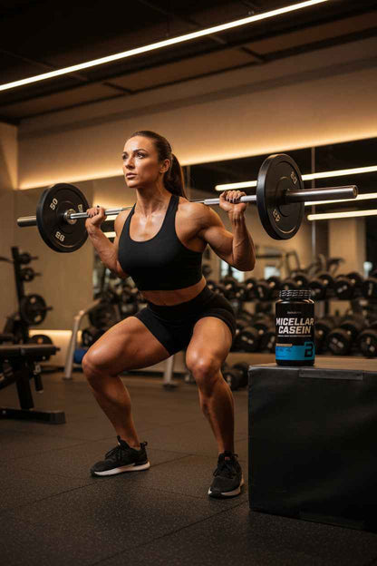 Frau beim Krafttraining mit Hantel und Micellar Casein Protein im Fitnessstudio