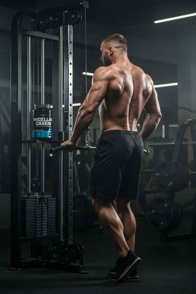 Muskulöser Mann beim Training mit Micellar Casein Protein im Fitnessstudio