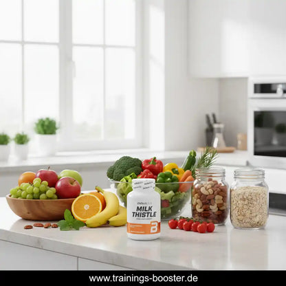 Milk Thistle Nahrungsergänzungsmittel mit frischem Obst, Gemüse und Nüssen in moderner Küche