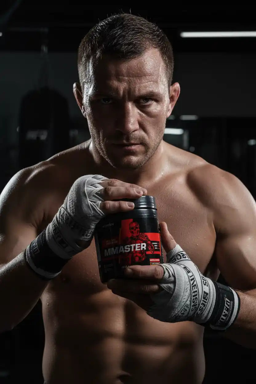 MMA-Athlet mit MMaster-Booster-Produkt im Fitnessstudio