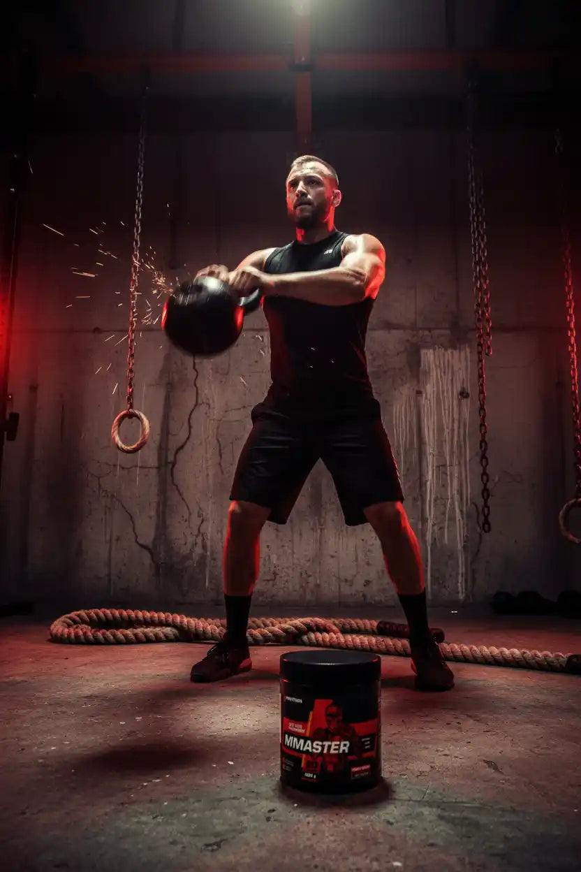 Muskulöser Mann mit Kettlebell und MMaster-Booster im Fitnessstudio