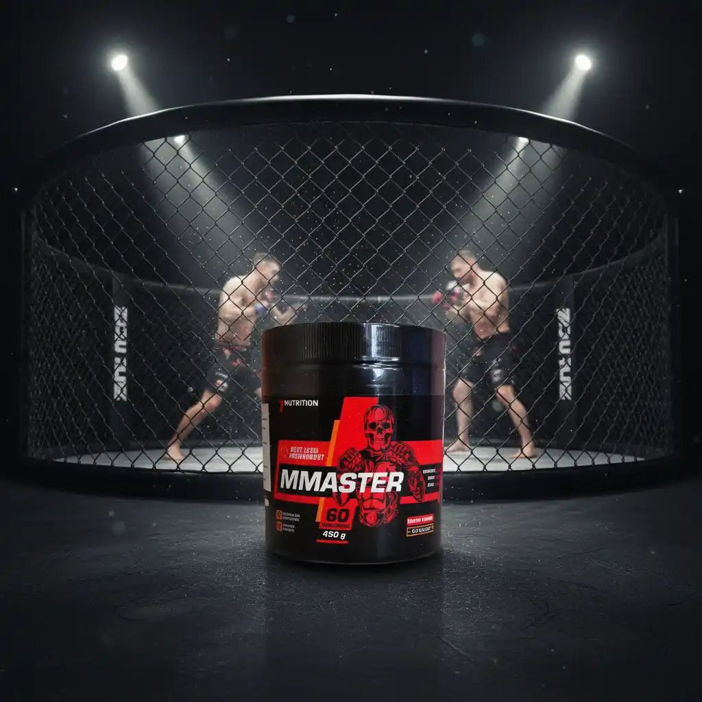 MMaster Trainingsbooster vor MMA-Käfig mit Kämpfern im Hintergrund